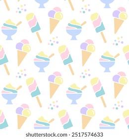 Seamless pattern with multi colored different ice cream of pastel colors on white. Balls in waffle cone, soft serve gelato and popsicle. Cute baby print. Vector design for fabric or wrapping paper.