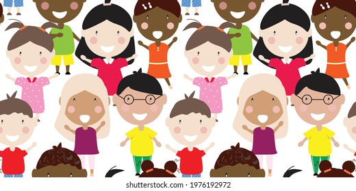 Seamless pattern with multi cultural  children on white background. Vector pattern. 