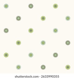 Patrón sin fisuras con múltiples copos de nieve de vestido verde sobre fondo crema. Vector plano simétrico ornamento de la flor para la tela usada, textil, papel de embalaje, tarjeta, invitación, Fondo de pantalla