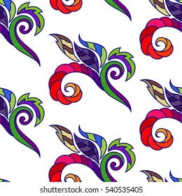 Seamless Pattern, Multicolor Abstract Squiggles, Leaves on White Background, Vector Illustration EPS10