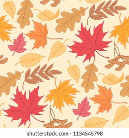 Seamless pattern of multicolor autumn leaves on yellow background. Pattern for textile, design and decoration
