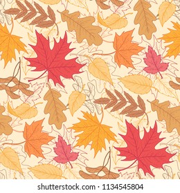 Seamless pattern of multicolor autumn leaves on yellow background. Pattern for textile, design and decoration