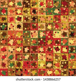 Seamless pattern. Multicolor bright texture. The checkered structure on which small flowers are scattered. Metallic and autumn gold mixed.