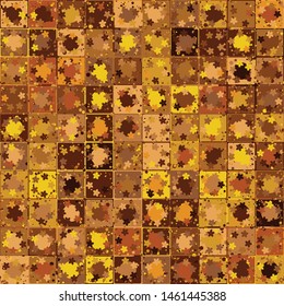 Seamless pattern. Multicolor bright texture. The checkered structure on which small flowers are scattered. Metallic and autumn gold mixed.