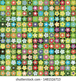 Seamless pattern. Multicolor bright texture. Checkered, green shades, the background on which are rows of symbolic colors.