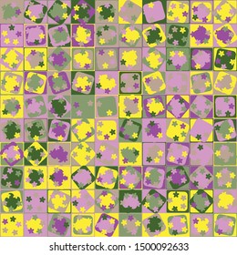 Seamless pattern. Multicolor bright texture. The checkered structure on which small flowers are scattered. Trendy shades mixed with green.