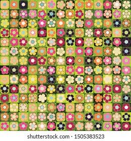 Seamless pattern. Multicolor bright texture. Checkered, green shades, the background on which are rows of symbolic colors.