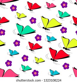 Seamless pattern with multicolor butterflies and flowers