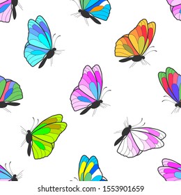 Seamless pattern. Multicolor butterflies on a white background