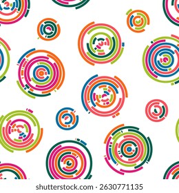 Seamless pattern of multicolor circles and spirals on a white background. Vector illustration. 