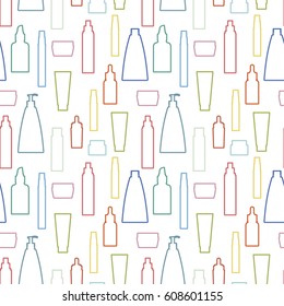 seamless pattern of multicolor cosmetic bottle on white background.
