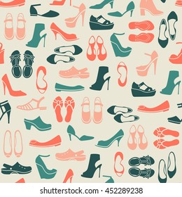 seamless pattern with multicolor different kinds of shoes