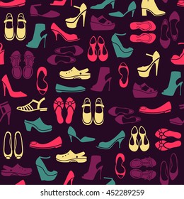 seamless pattern with multicolor different kinds of shoes