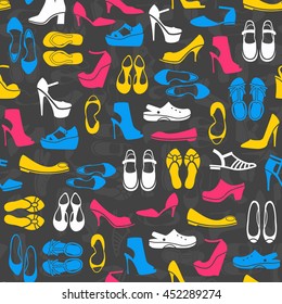 seamless pattern with multicolor different kinds of shoes