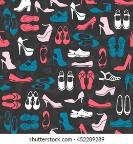 seamless pattern with multicolor different kinds of shoes