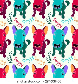 Seamless pattern with multicolor dogs and word " Doggy ". 