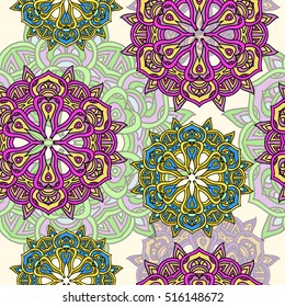 Seamless pattern with multicolor doodle mandalas. Vintage decorative element. Hand drawn background.