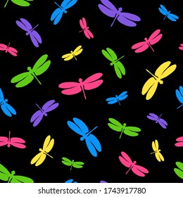 Seamless pattern with multicolor dragonflies. Colorful elements on a black background. Stock vector illustration. Great, creative idea for modern designs backdrops, cards, textiles, packings, fabric.