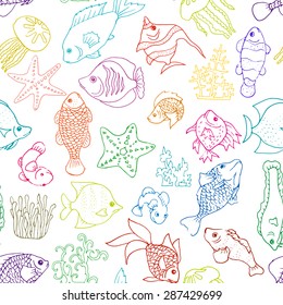 Seamless pattern with multicolor exotic fishes, jellyfishes, starfishes and algae. Vector illustration on white background.