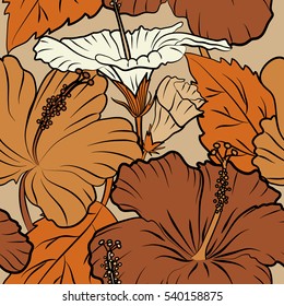 Seamless pattern with multicolor flowers. Floral background. Vector illustration of multicolored flowers, leaves and buds on a beige background.
