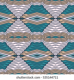 Seamless  pattern.  Multicolor geometric ornament with rhombus and thin lines in a retro style.  Vector illustration  