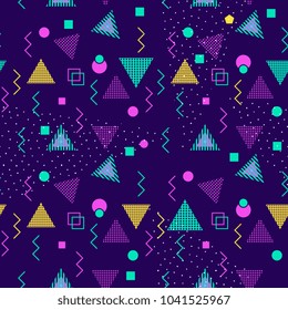 Seamless pattern with multicolor geometric shapes on dark background. retro vintage abstract art print. fashion 80s-90s. memphis style design. Wallpaper, cloth design, fabric, paper, textile.