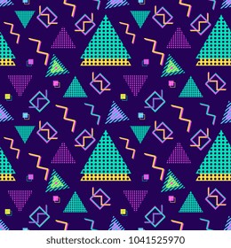 Seamless pattern with multicolor geometric shapes on dark background. retro vintage abstract art print. fashion 80s-90s. memphis style design. Wallpaper, cloth design, fabric, paper, textile.