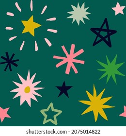 Seamless pattern of multicolor hand drawn stars. Colorful abstract background with fireworks. Vector Illustration.