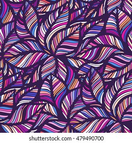 Seamless pattern with multicolor leaves in doodle style. Vector illustration. 