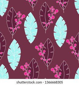 Seamless pattern with multicolor leaves and pink berries