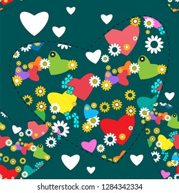Seamless pattern of multicolor ornamented hearts on a dark background. Vector illustration