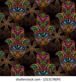 Seamless pattern multicolor Ornate amulet Hamsa Hand of Fatima. Ethnic amulet common in Indian, Arabic and Jewish cultures. Bohho style