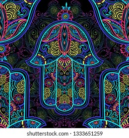 Seamless pattern multicolor Ornate amulet Hamsa Hand of Fatima. Ethnic amulet common in Indian, Arabic and Jewish cultures. Bohho style