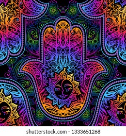 Seamless pattern multicolor Ornate amulet Hamsa Hand of Fatima. Ethnic amulet common in Indian, Arabic and Jewish cultures. Bohho style