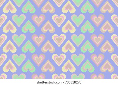 Seamless pattern of multicolor outlines of hearts on soft blue transparent  background.For wallpaper, cover fills, web design, textiles, dishes, design of postcards to St. Valentine's Day, Weddings.