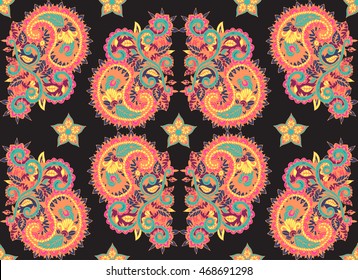 Seamless pattern with multicolor Paisley print on a black background. Vector illustration