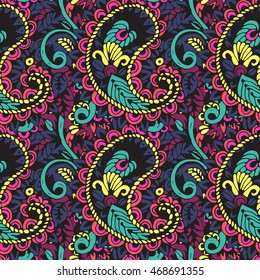 Seamless pattern with multicolor Paisley print on a dark  background. Vector illustration