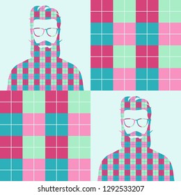 Seamless pattern with multicolor silhouette of bearded hipster and squares of Scottish cage