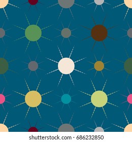 Seamless pattern with multicolor simple geometric sun.