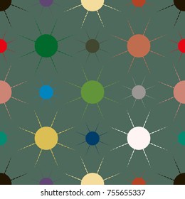 Seamless pattern with multicolor simple geometric sun.