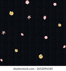 Seamless pattern of multicolor small sea animals on a black background