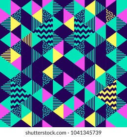 Seamless pattern with multicolor triangle geometric shapes on dark background. retro vintage abstract art print. fashion 80s-90s. Memphis style design. Wallpaper, cloth design, fabric, paper, textile.