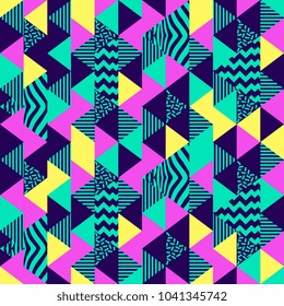 Seamless pattern with multicolor triangle geometric shapes on dark background. retro vintage abstract art print. fashion 80s-90s. Memphis style design. Wallpaper, cloth design, fabric, paper, textile.
