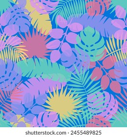 Seamless pattern with multicolor tropical leaves. Different palm and monstera leaves of purple, green and yellow colors on blue background. Colorful vector print for summer and beach fabric design.