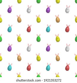 Seamless pattern. Multicolored 3D Easter eggs with bunny ears on a white background