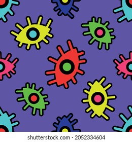 Seamless pattern of multicolored abstract eyes on a purple background. Vector illustration 