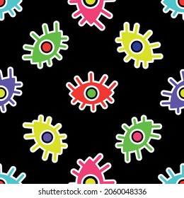Seamless pattern of multicolored abstract eyes on a black background. Vector illustration 