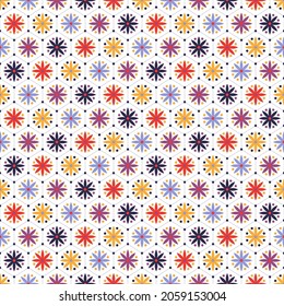 Seamless pattern with multicolored abstract flowers on white background and motif from hexagons. Repeated decorative design. Vector illustration. 
