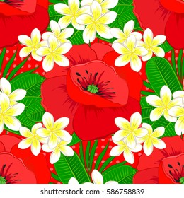 Seamless pattern with multicolored abstract stylized poppies on red background. Vector illustration.