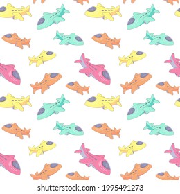 Seamless pattern with multicolored airplanes on a white background. Vector endless texture with design elements in cartoon style with stroke